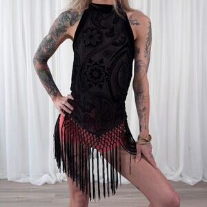 Romwe Black Mesh Fringe Halter Top Open Back Floral Party Festival Large